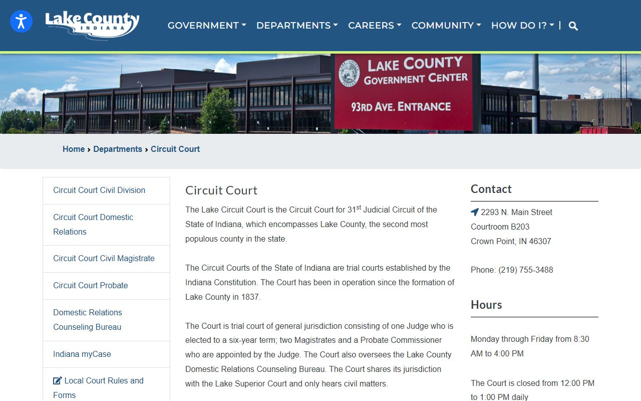 Lake County Circuit Court page showing court records jurisdiction and hours