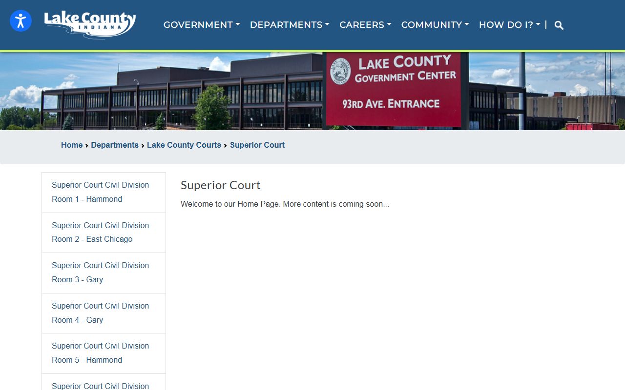 Lake County Superior Court page listing divisions that hold court records