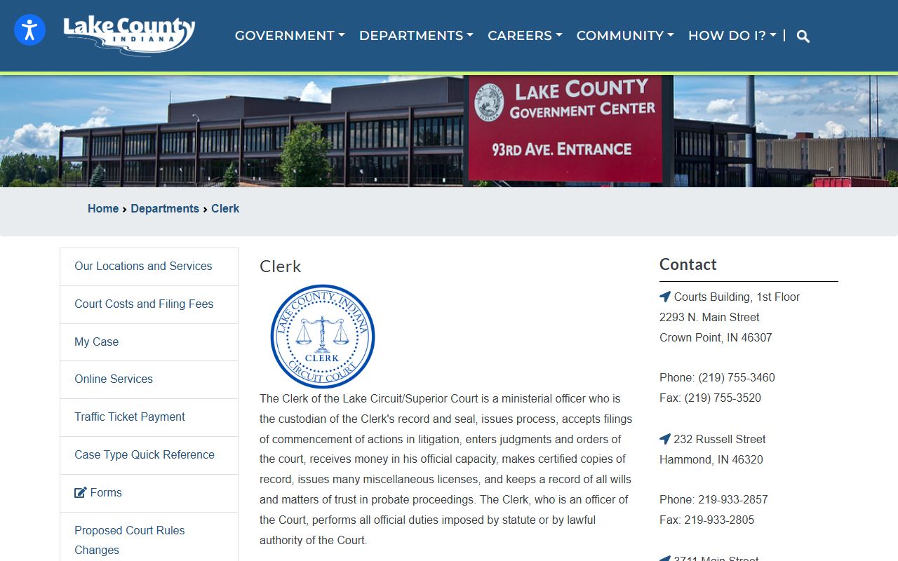 Clerk of the Lake Circuit and Superior Court page for court records and fees