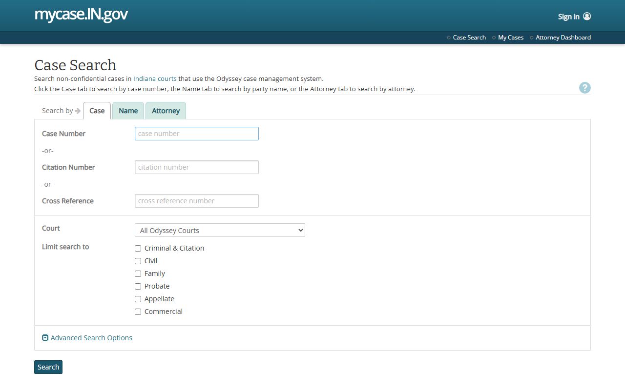 Lake County court records search on the Indiana MyCase public access portal