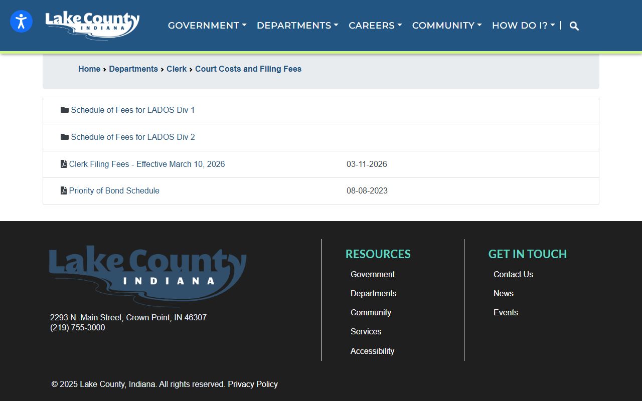 Lake County Clerk court costs and filing fees page for court records