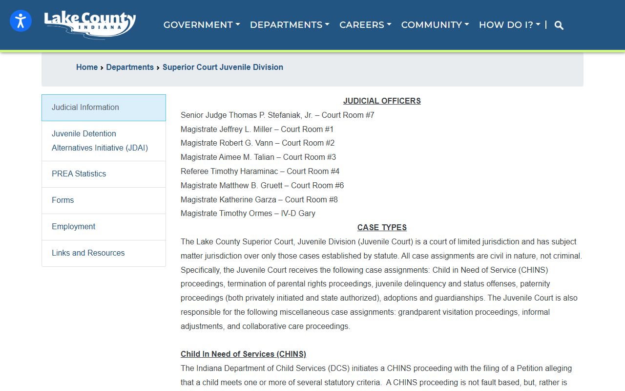 Lake County Juvenile Division judicial information for restricted court dockets