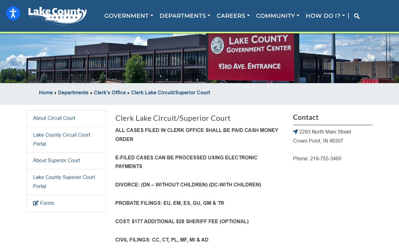 Clerk Lake Circuit and Superior Court page with court records fees and case codes