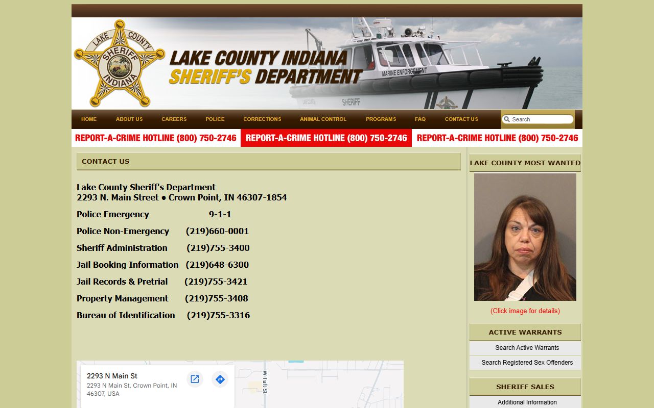 Lake County Sheriff contact page with jail booking numbers for arrest records