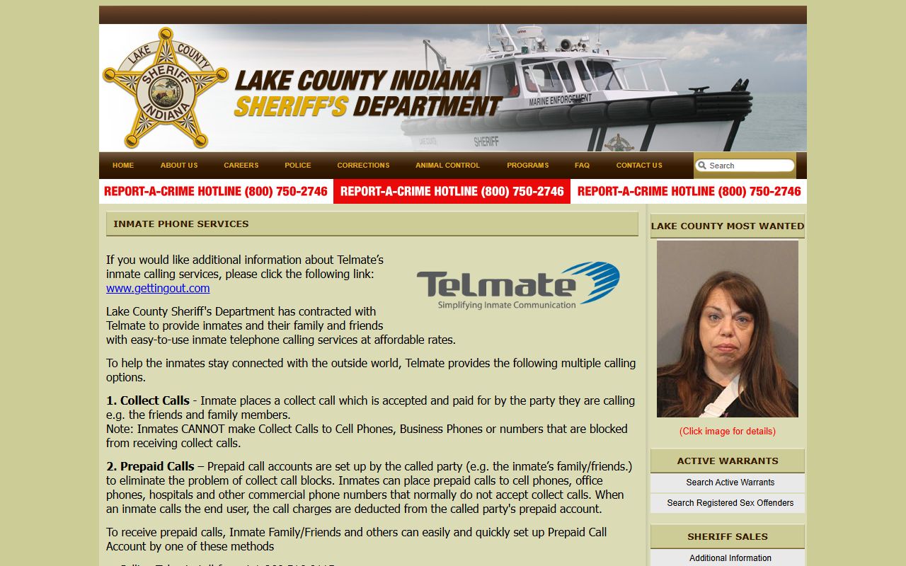 Lake County jail inmate phone services page for inmate records