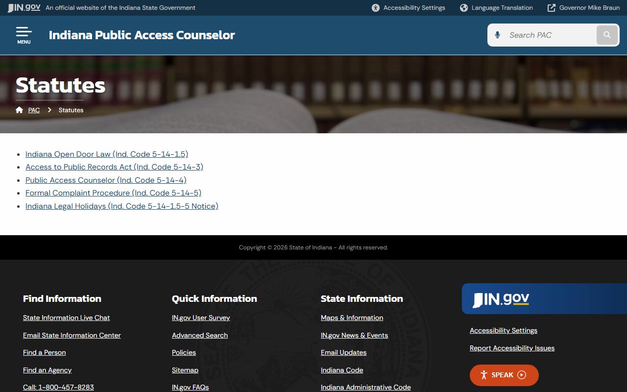 Indiana Public Access Counselor statutes page for Lake County public records