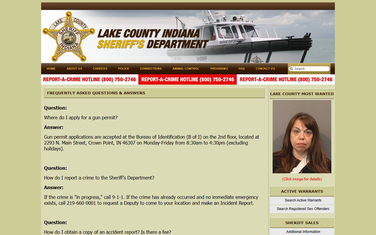 Lake County Sheriff FAQ page related to released inmates and custody
