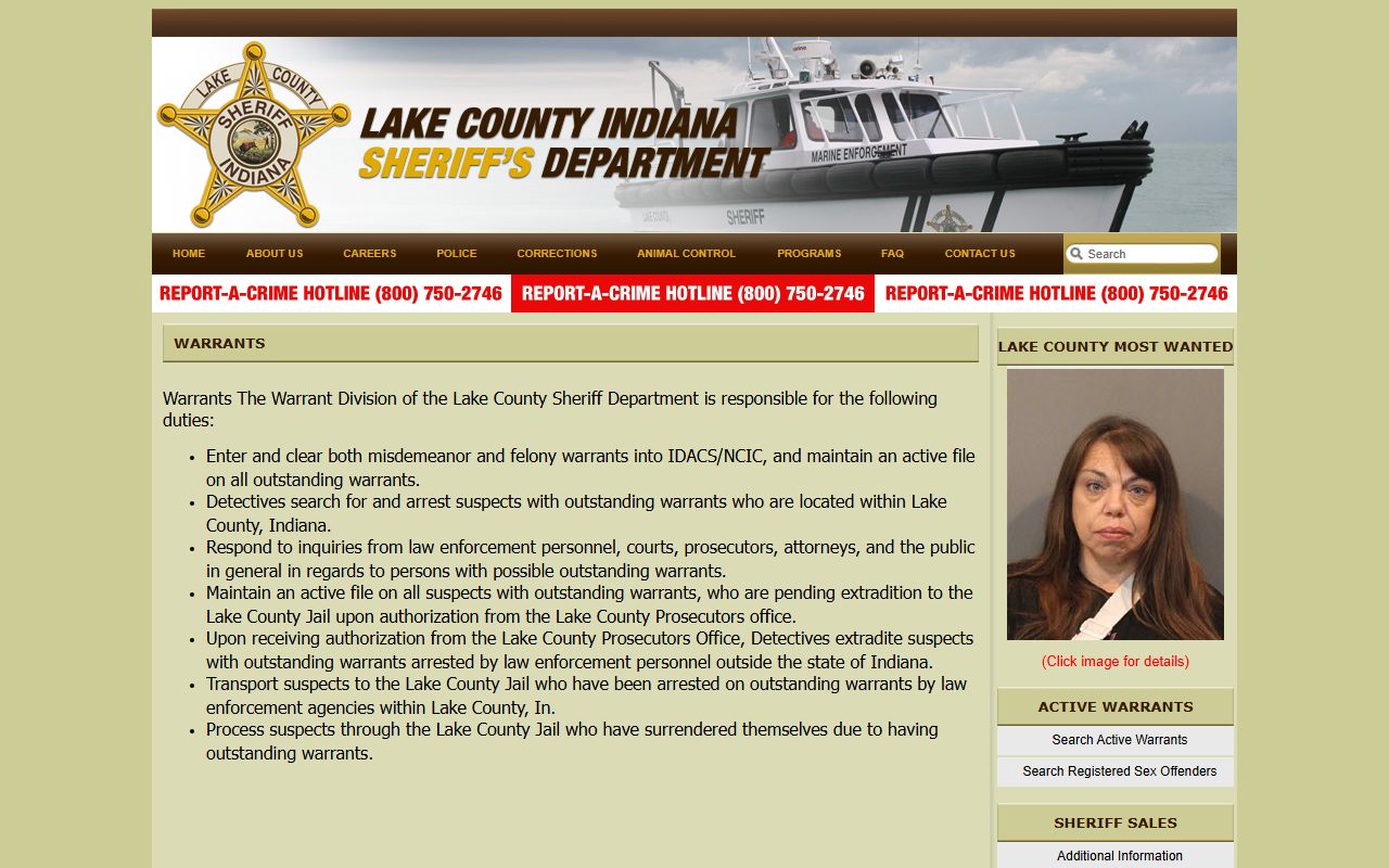 Lake County Sheriff warrant division page for active warrant records