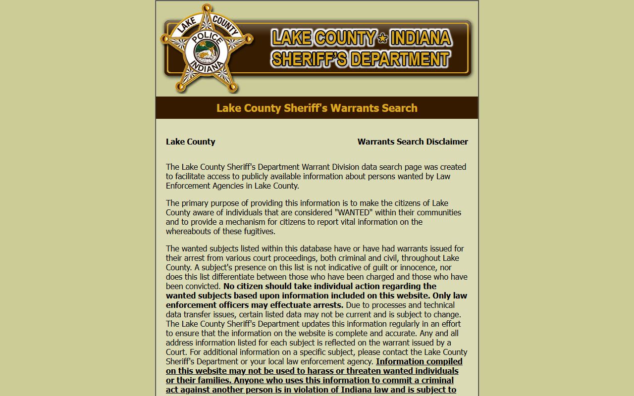 Lake County warrant search disclaimer page for warrant records