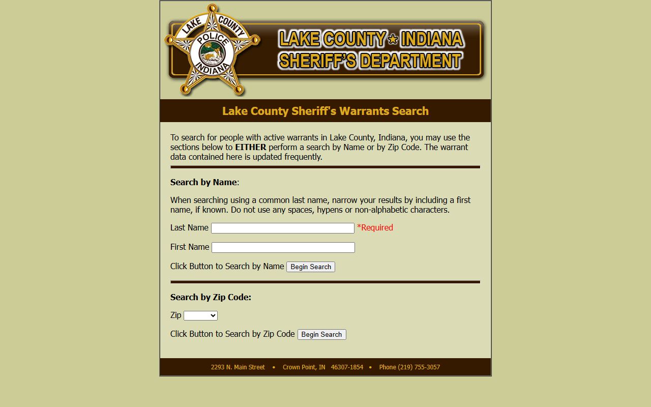 Lake County active warrant search form for warrant records by name or ZIP